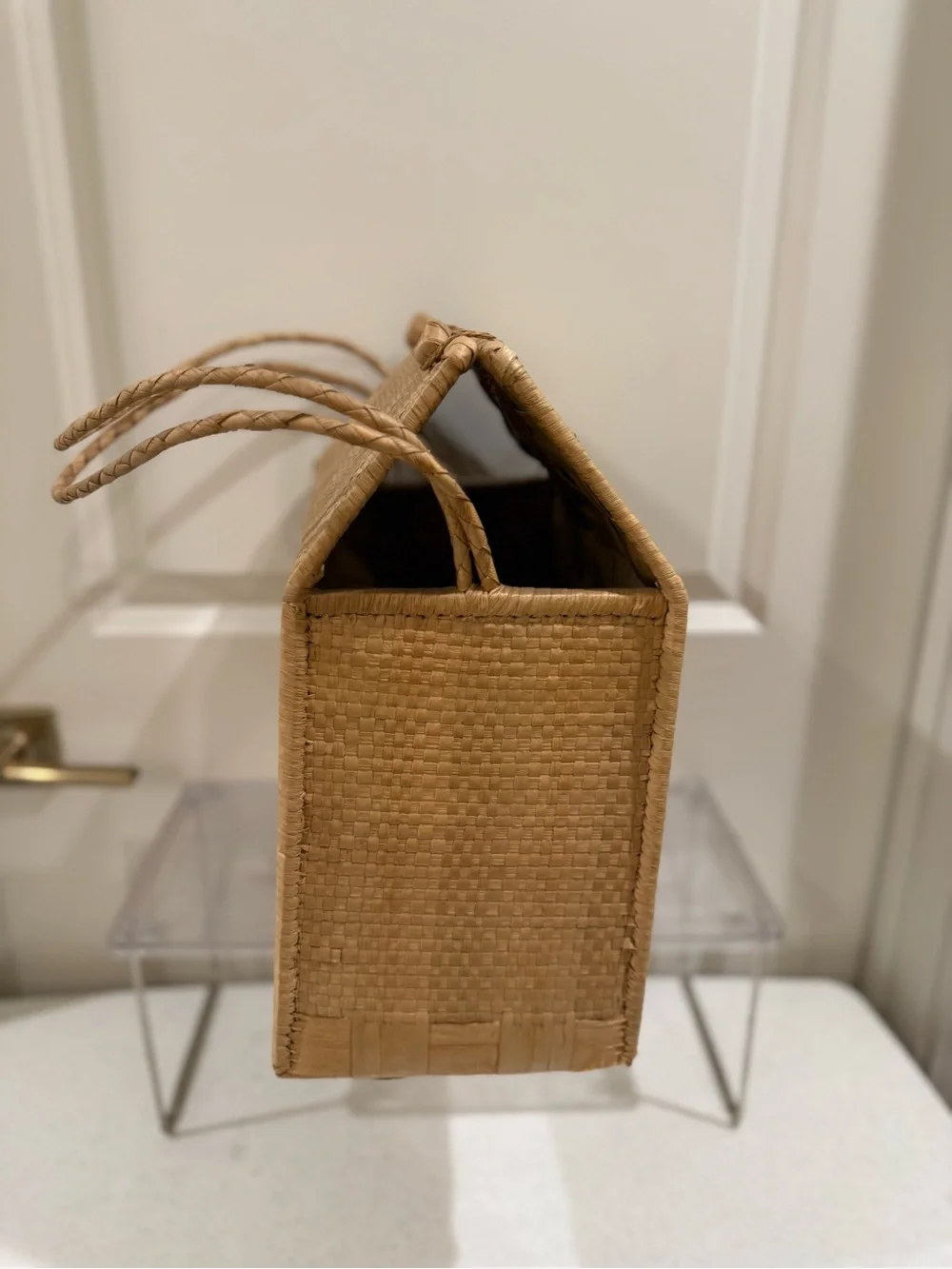 Square Woven Straw Top-Handle Basket Bag in Natural and Black ~ 13“ H x 7“ W